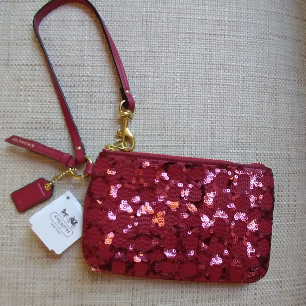 Coach Signature Sequin Small Wristlet Red